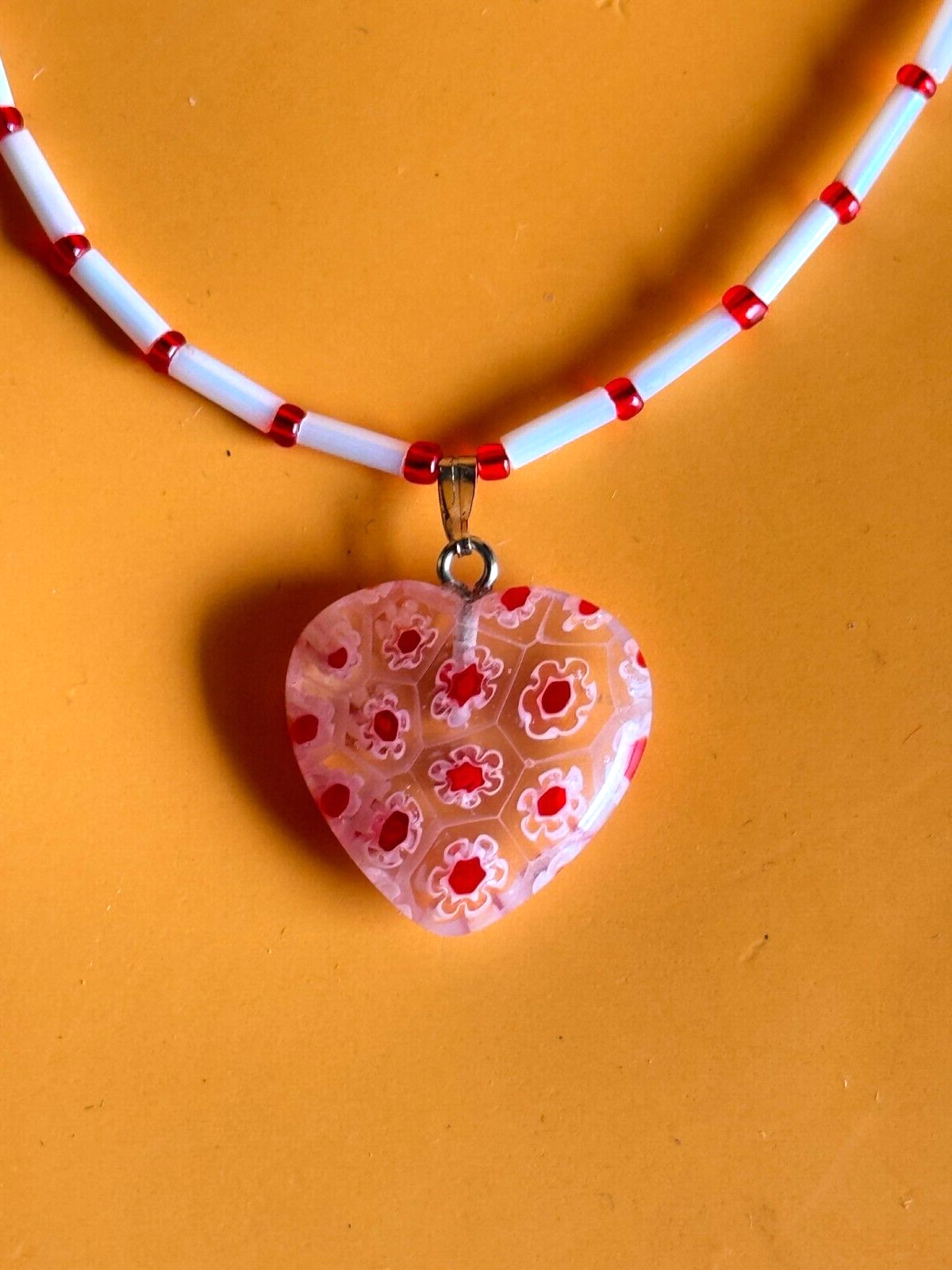 Valentine Heart Glass Beaded Red White Artisan Lots of Hearts Necklace 17″