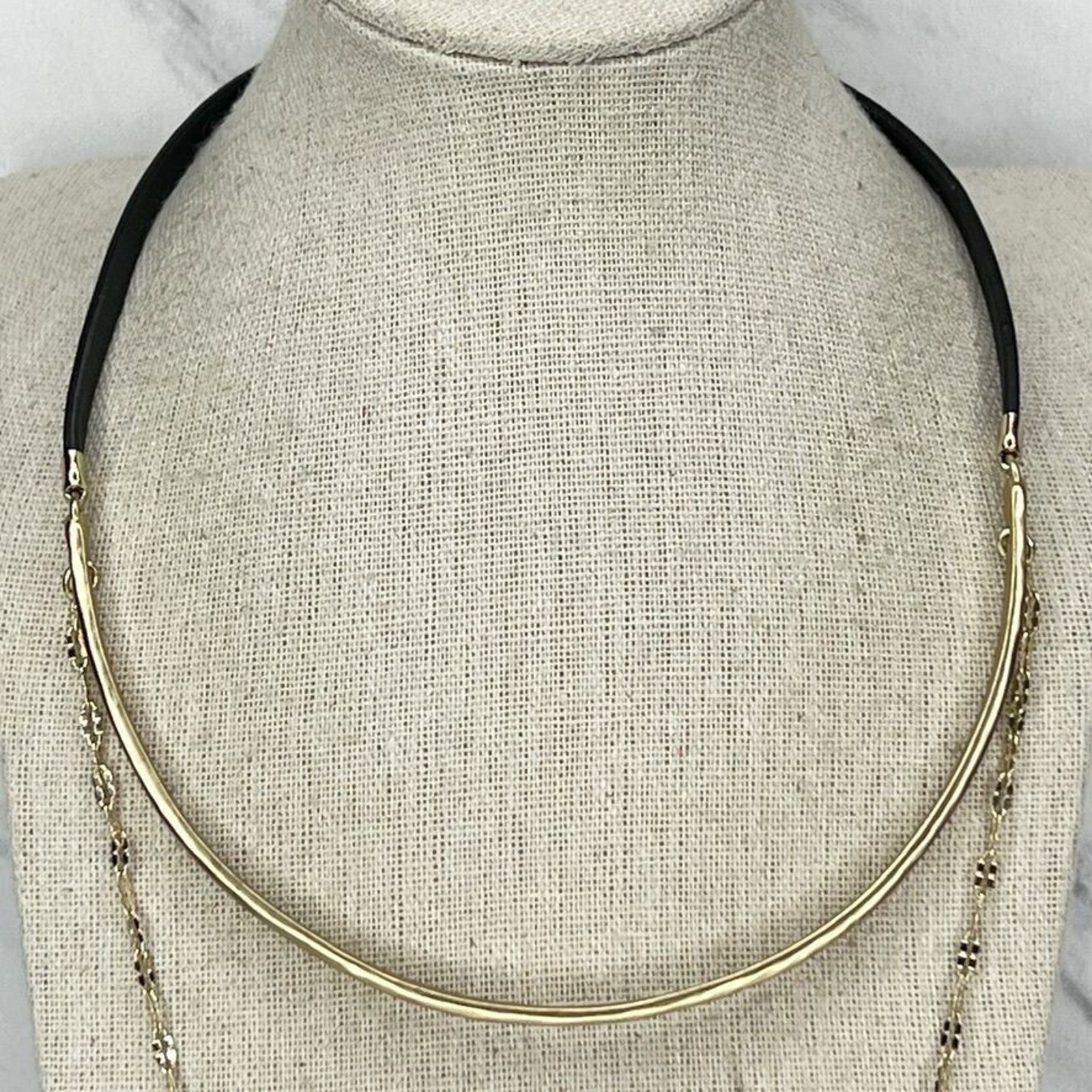 Chico’s Black Faux Leather Gold Tone Layered Chain Necklace – 17″