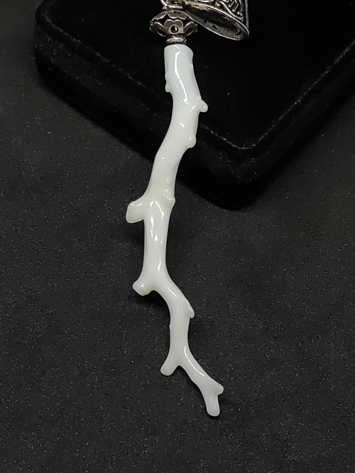 Milky White Coral Pendant, Silver Brass Handmade Vintage Jewelry