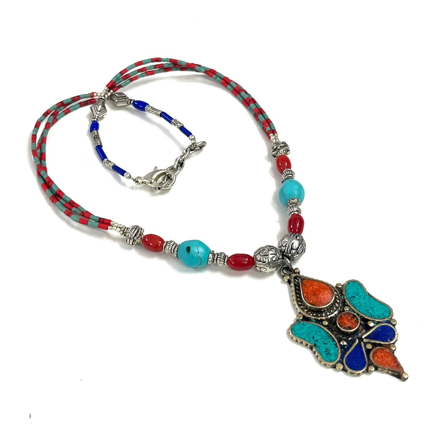 Nepalese Turquoise Coral Gemstone Tibetan Necklace Jewelry, 18 inch Adjus