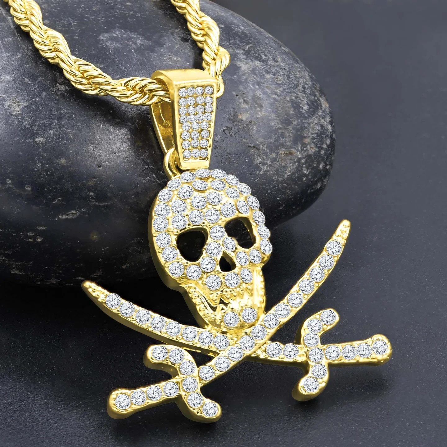 Hip Hop Iced Skull Crossbones Pendant Gold Tone CZ 24in Rope Chain Necklace