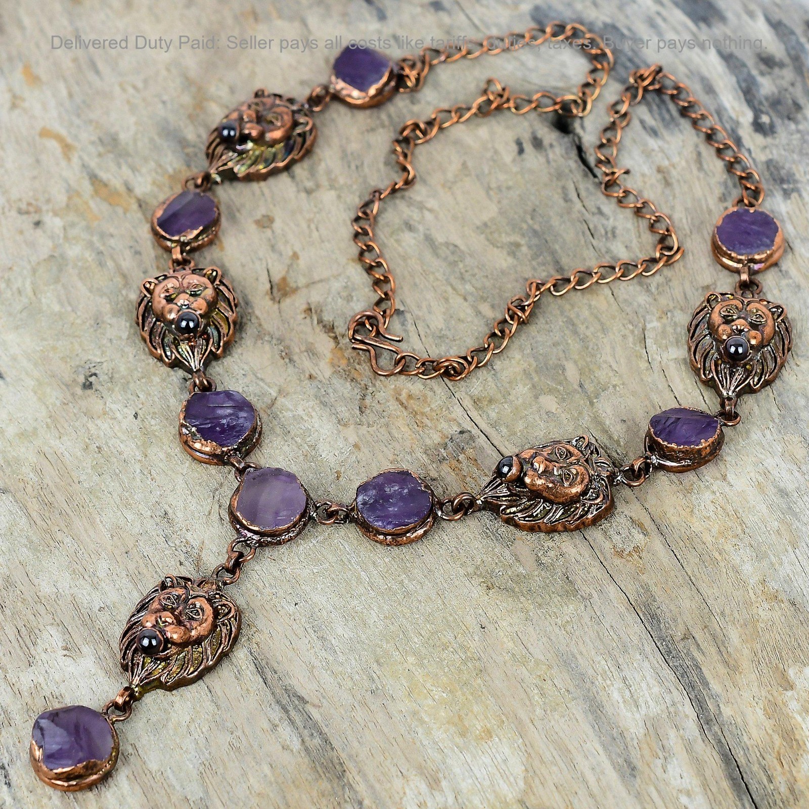 Copper African Amethyst Rough Stone Chain Electroformed And Lion Face Necklace