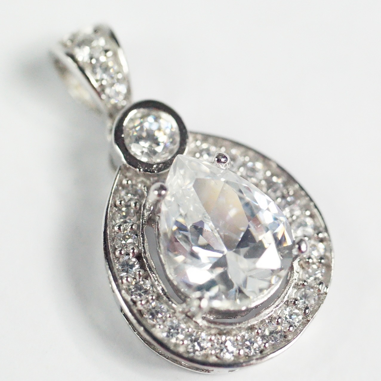 Sterling Silver White Clear Colorless CZ Teardrop Halo Pendant