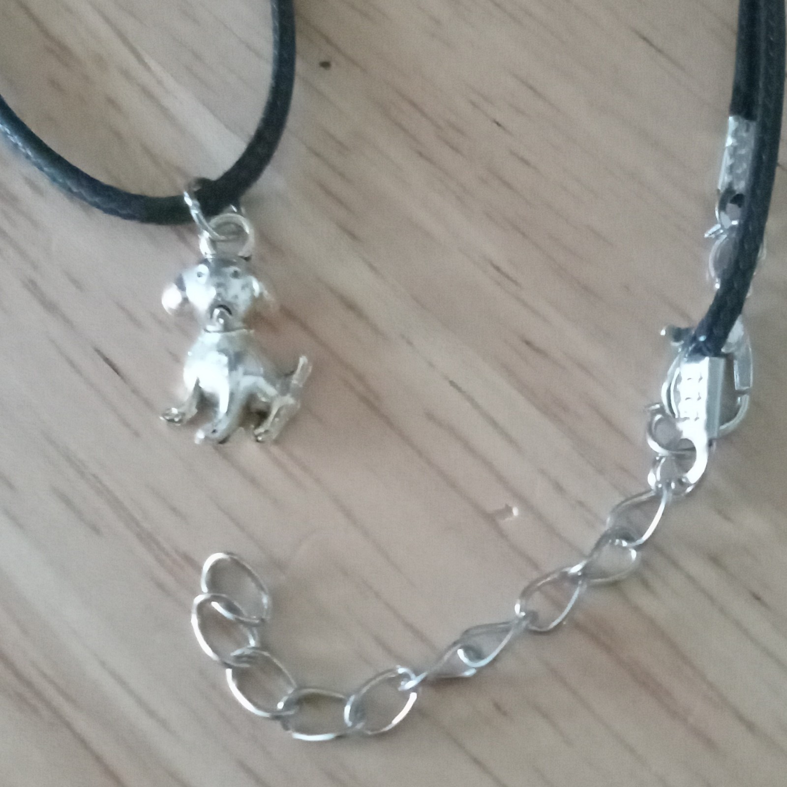 Dog Charm Pendant Necklace Adjustable Black Cord Silver Tone Lobster Closure
