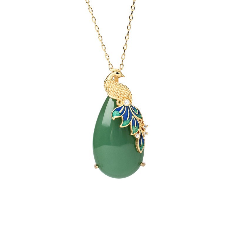 Jade Pendant Necklace Charm 18K Gold Plated Chain Phoenix Bird Dainty Gemstone