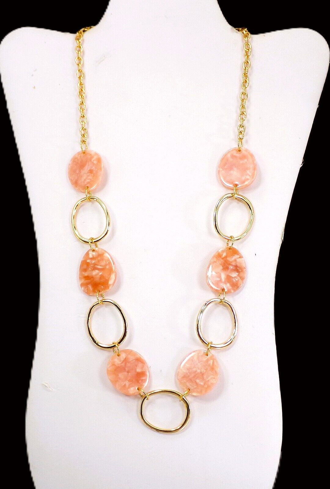 Pink and gold link necklace with pink flat marble look oval disk beads NEW
