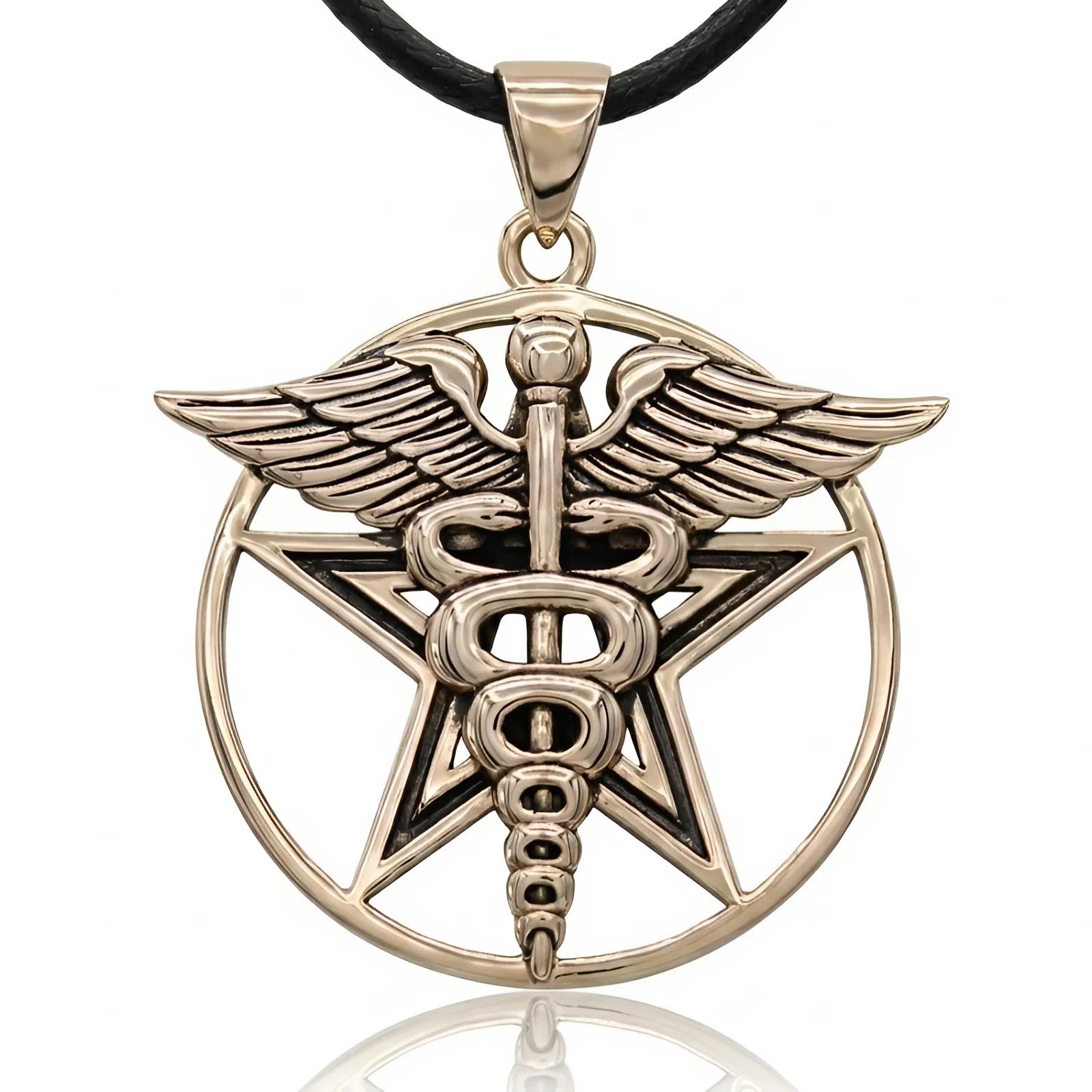 Bronze Caduceus Pentacle Pendant Necklace Jewelry Medical Pentagram