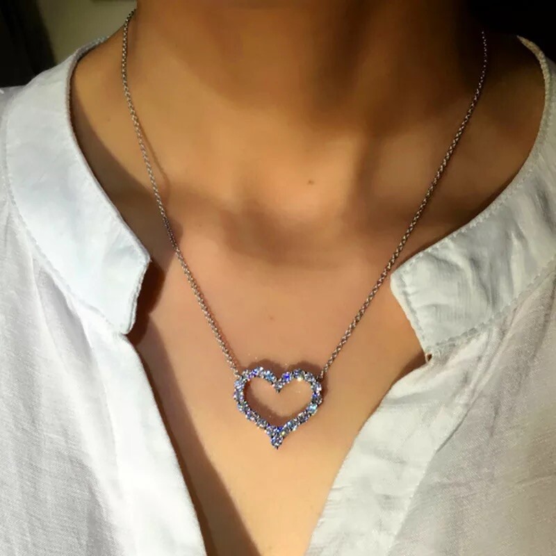 925 Sterling Silver Plated Open Heart Pendant Necklace Cubic CZ Love 17″ N38
