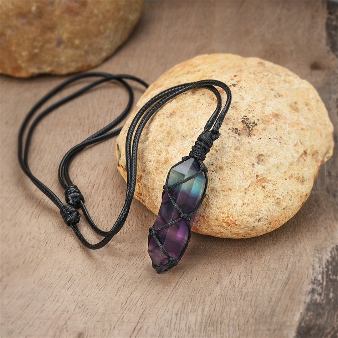 Natural Rainbow Fluorite Stone Obelisk Pendant Necklace Wrap Crystal Necklace