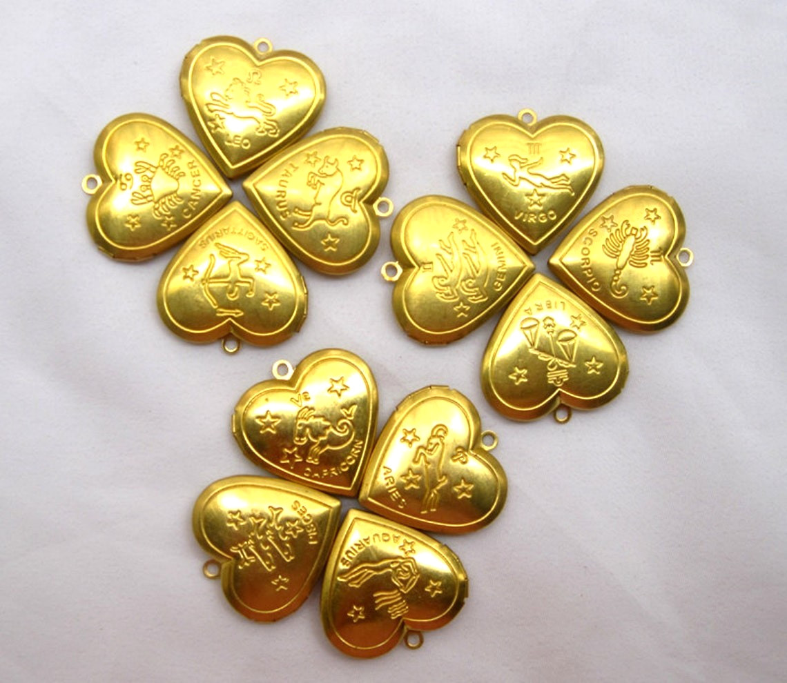 ONE SET of 12 Zodiac Signs Heart Locket 29mm Necklace Pendant Brass Findings