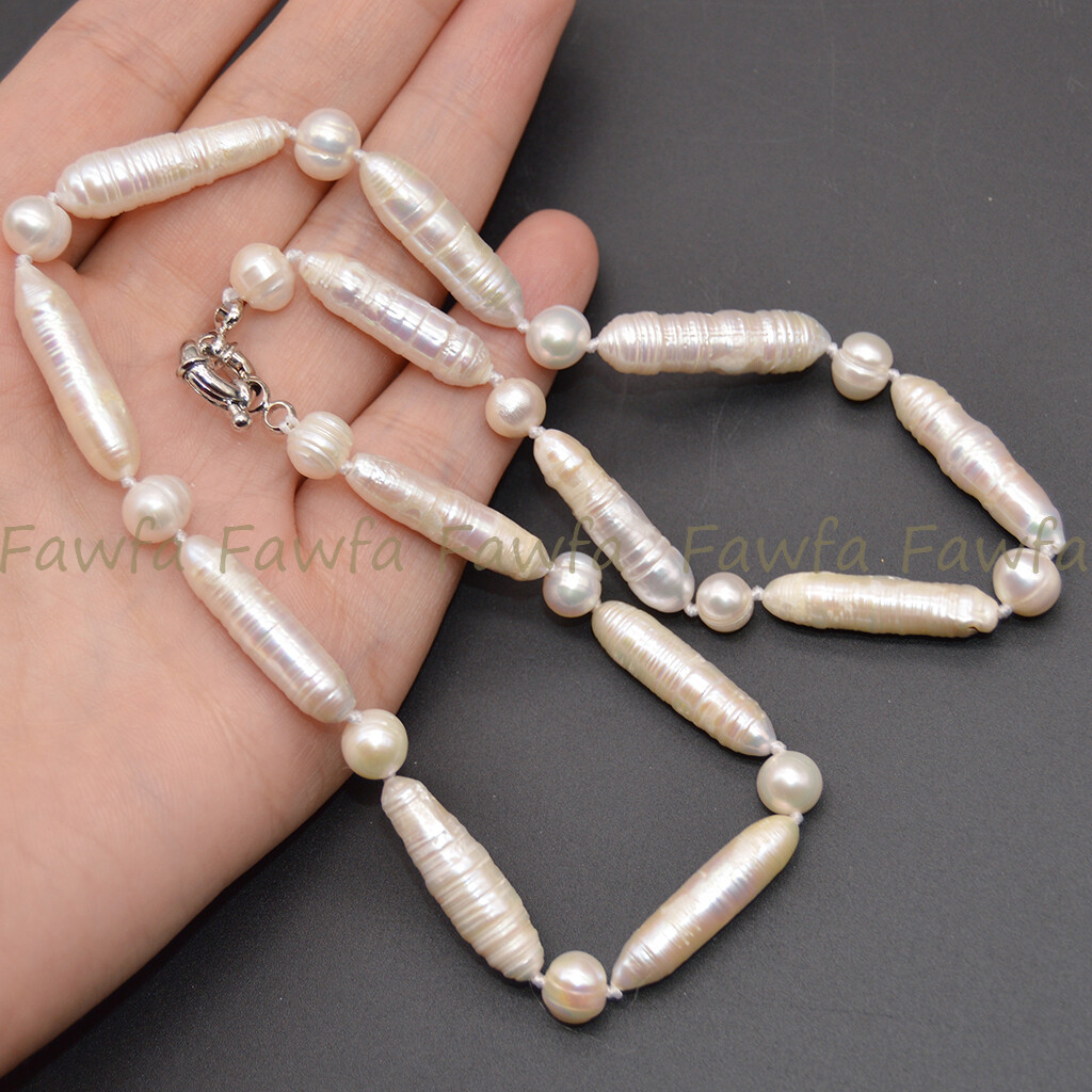 6x26mm Natural White Unique Biwa Freshwater Irregular Pearl Necklace 14-36”