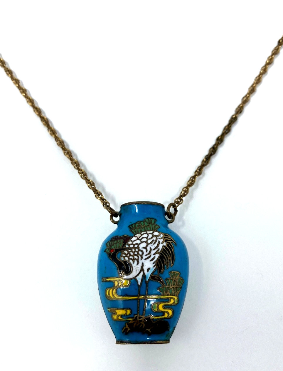 Vintage Cloisonne Blue Vase Crane Bird 1/20 12KT gold filled Chain 24″ Necklace