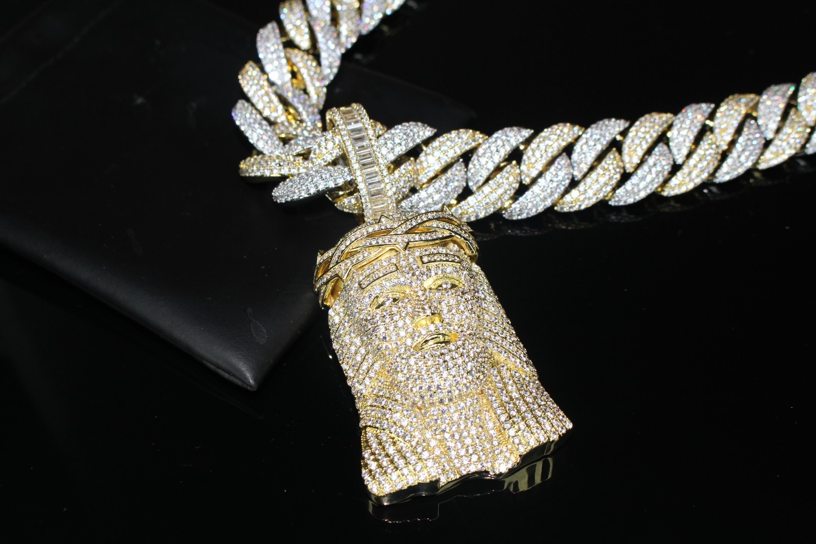 XXL JESUS Pendant 2-TONE GOLD Cuban 22mm 144ct Lab Sim Diamond Chain 14k STAMPED