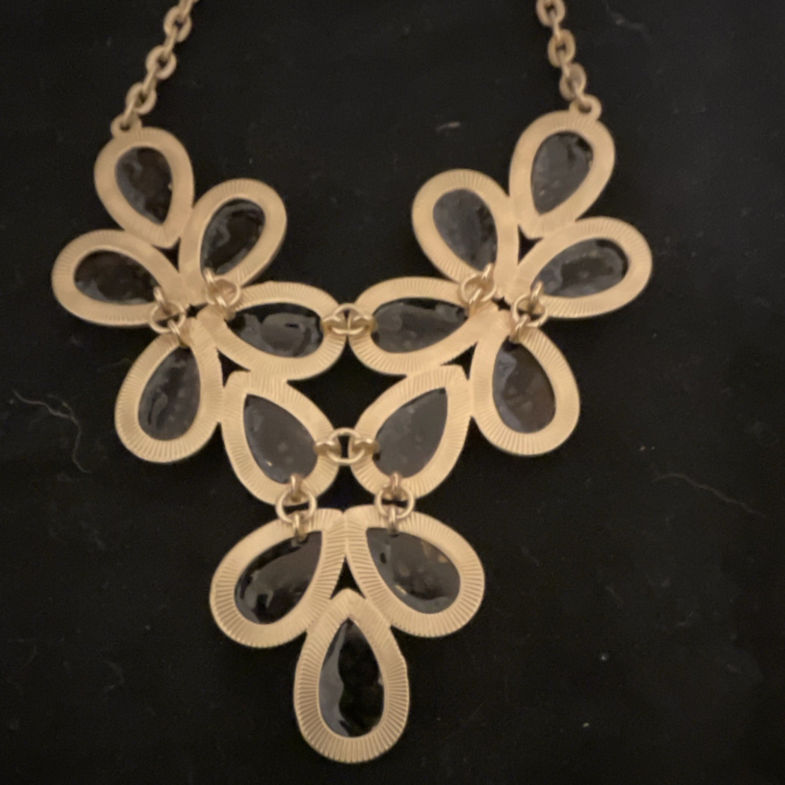Charming Charlie Gold Tone Oval Link Chain Necklace Blk Teardrop Flower Pendant