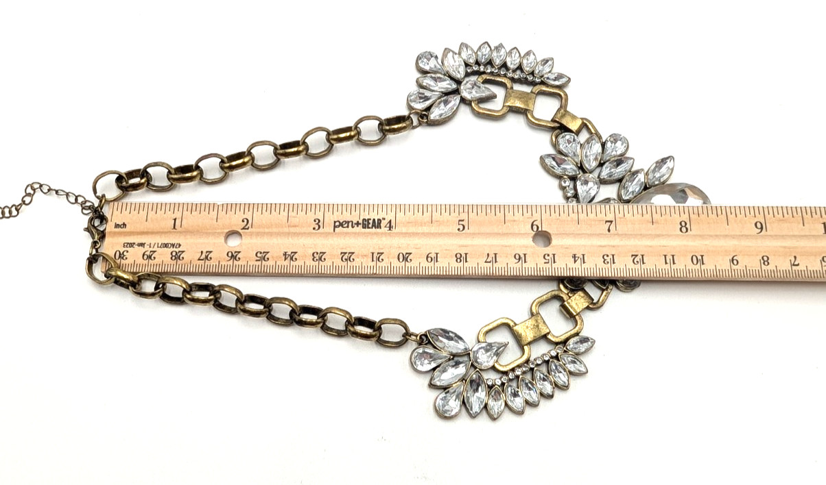 Antique Bronze Tone With Big Colorless Rhinestone Statement Necklace