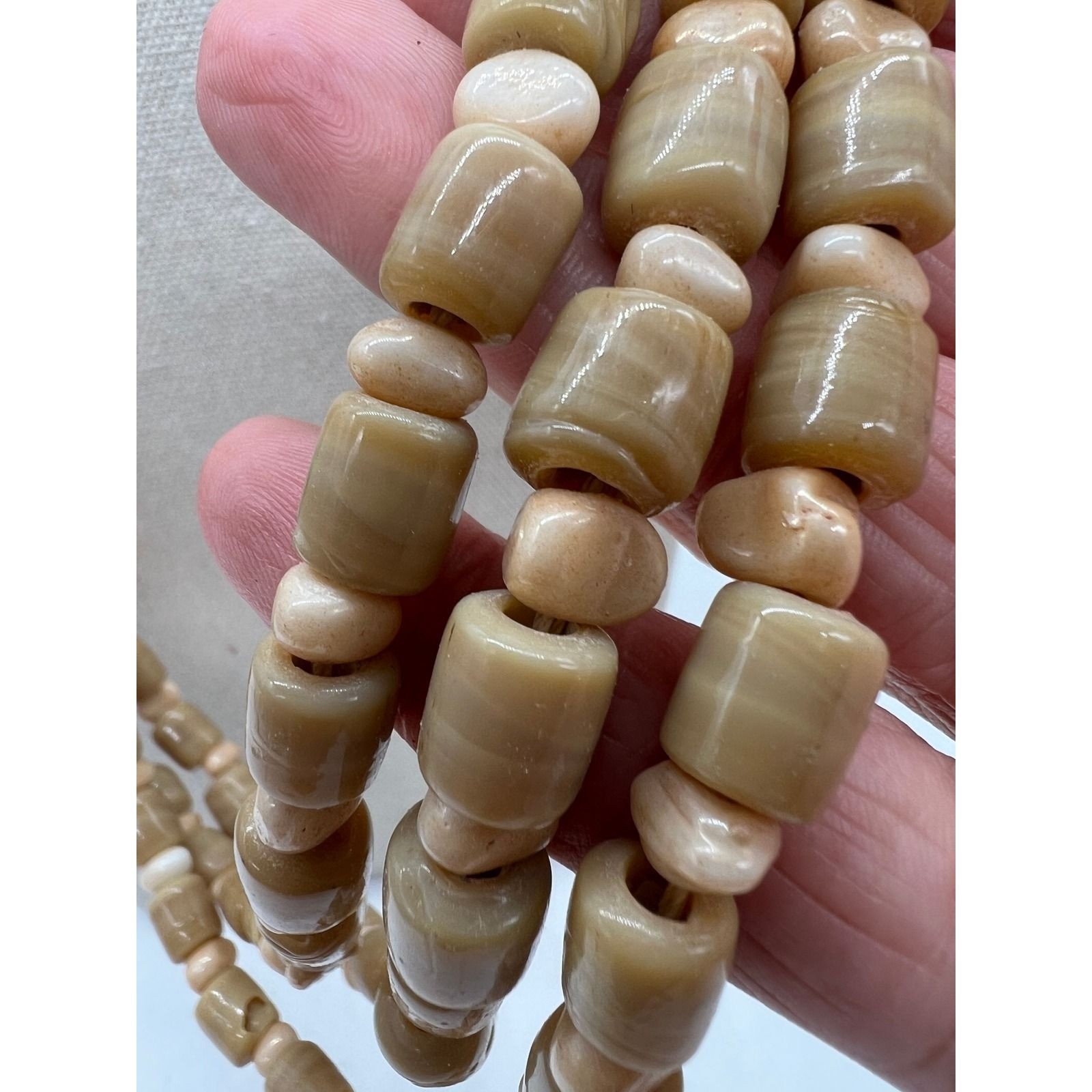 Multi Strand Chalcedony Agate Bead Necklace Boho Statement Artisan Tan