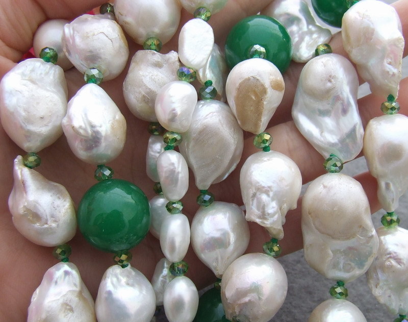 25mm Freshwater White Keshi Pearl Green Jade Crystal Multi Strands Necklace 19″