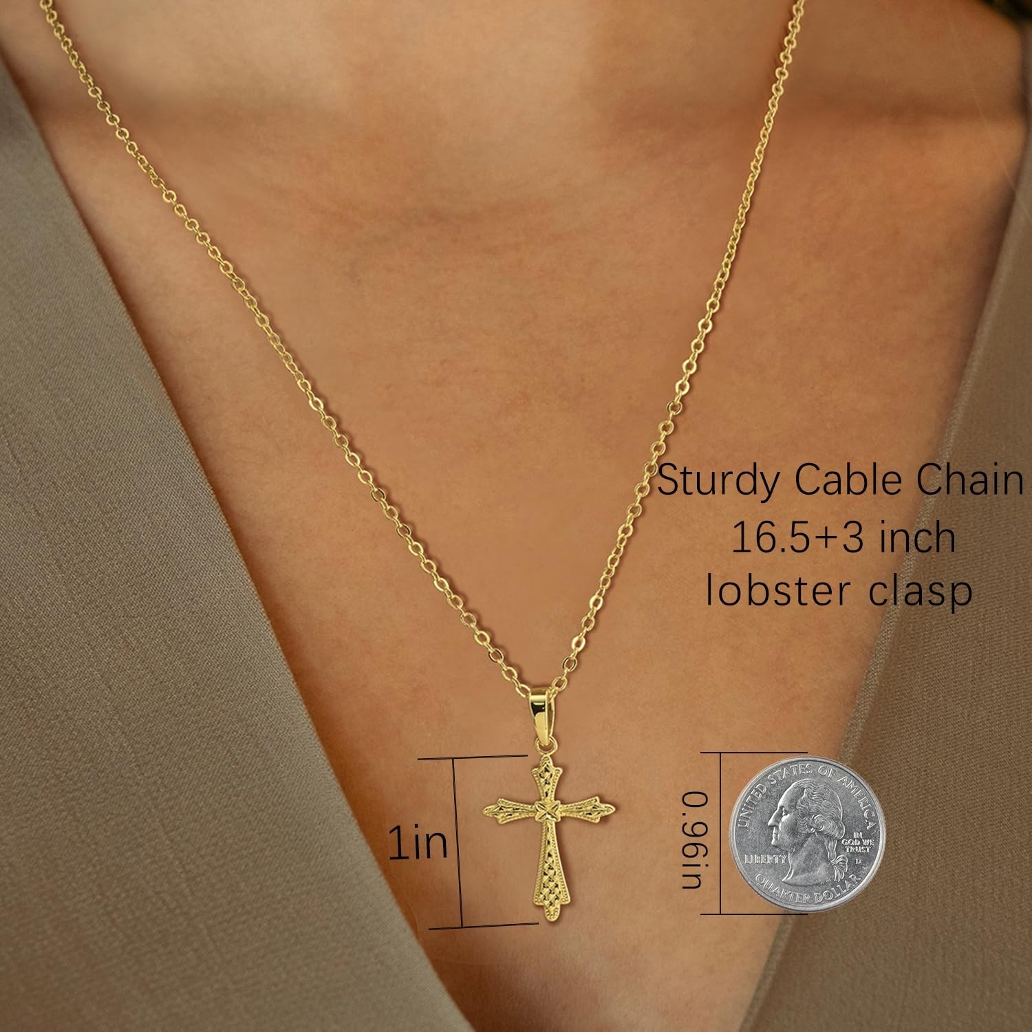 Gold Cross Necklace for Women, 14K Vintage-Inspired Pendant Chain, 26mm Jewelry