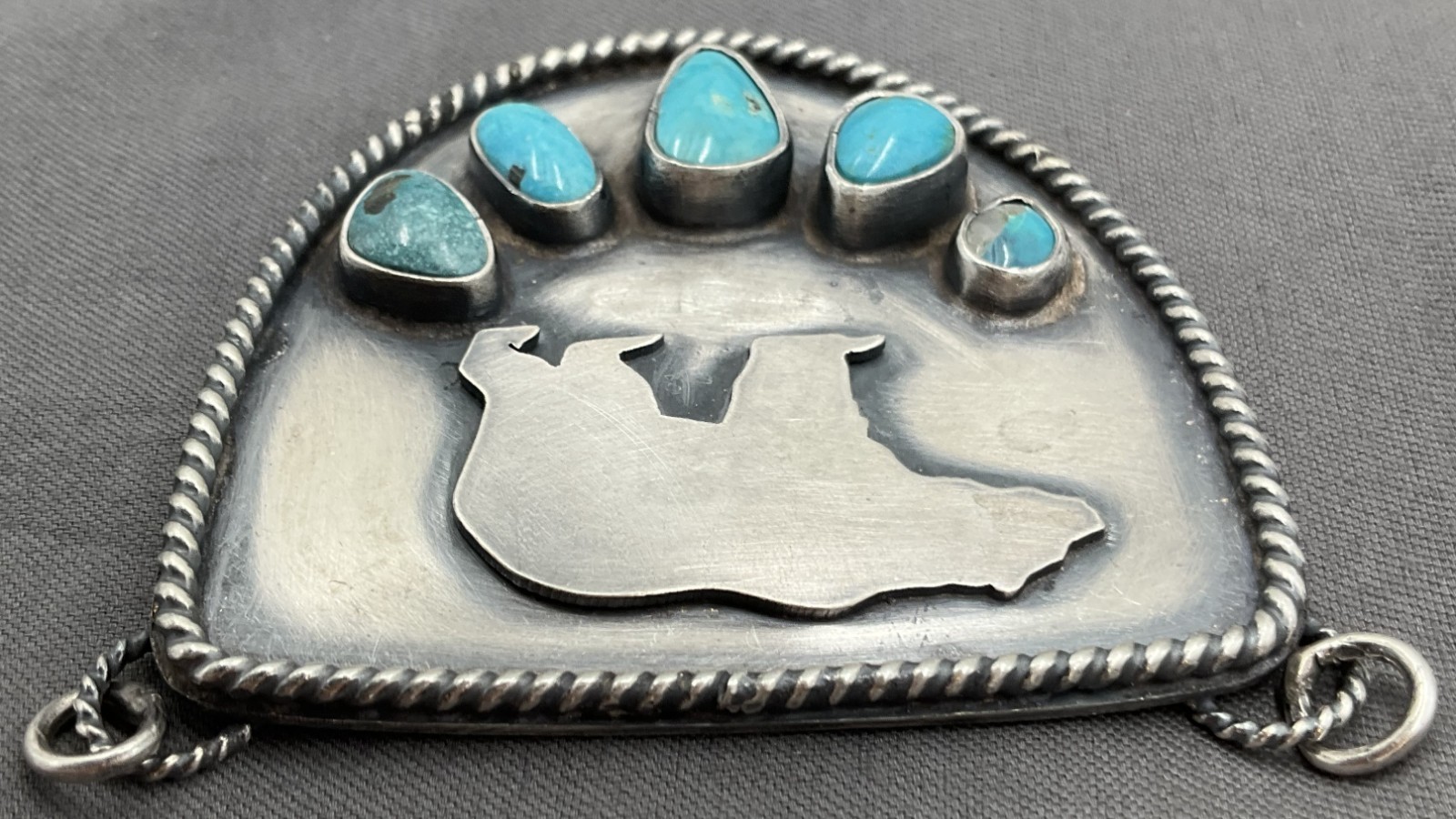 Jenvy Fox Turquoise Sterling Silver Shield Bear Paw Pendant Jewelry Excellent