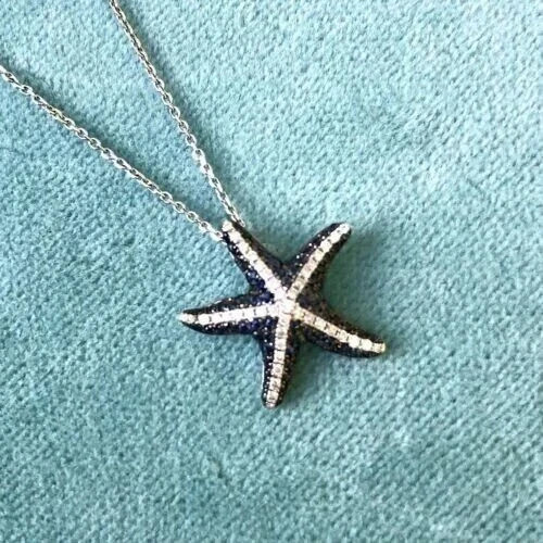 1.6Ct Round Cut Simulated Blue Sapphire Starfish Pendant 14K White Gold Plated