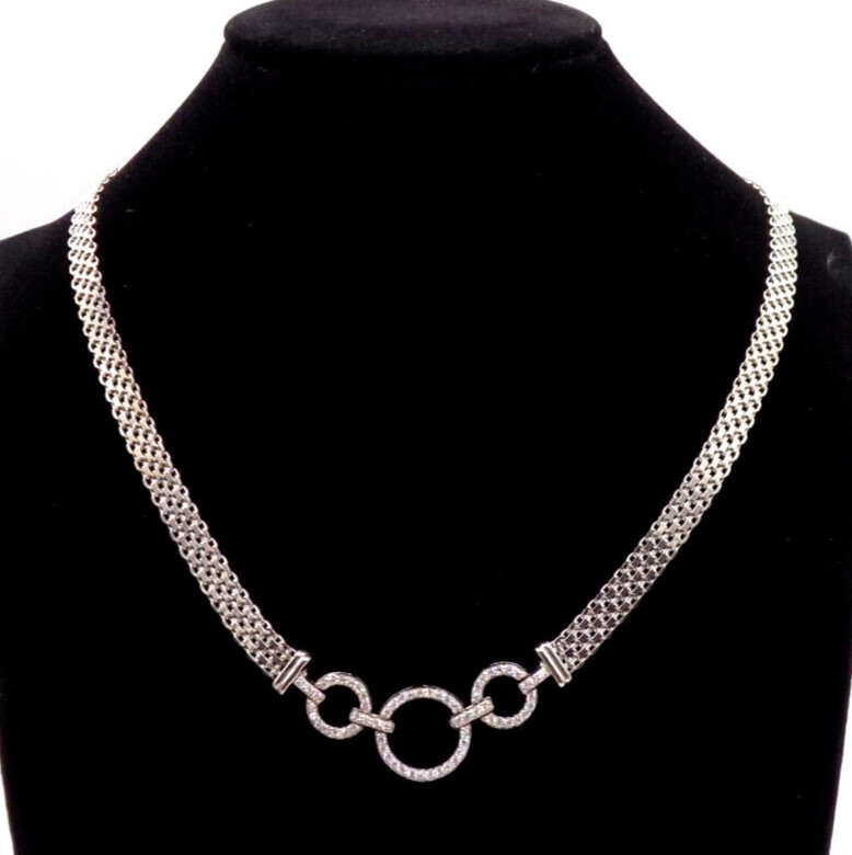 Cubic Zirconia Necklace 925 Sterling Silver Mesh White Colorless Circle Pendant