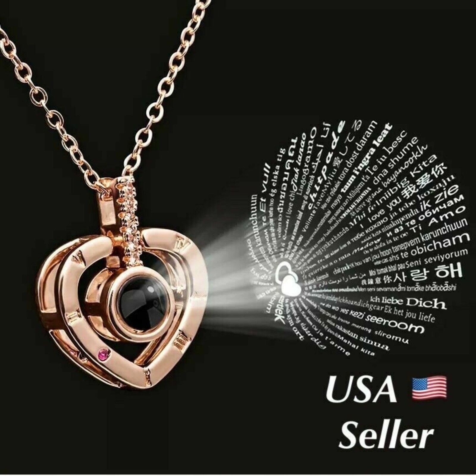 Heart Necklace I LOVE YOU in 100 Languages Projection Heart Silver Plated Love