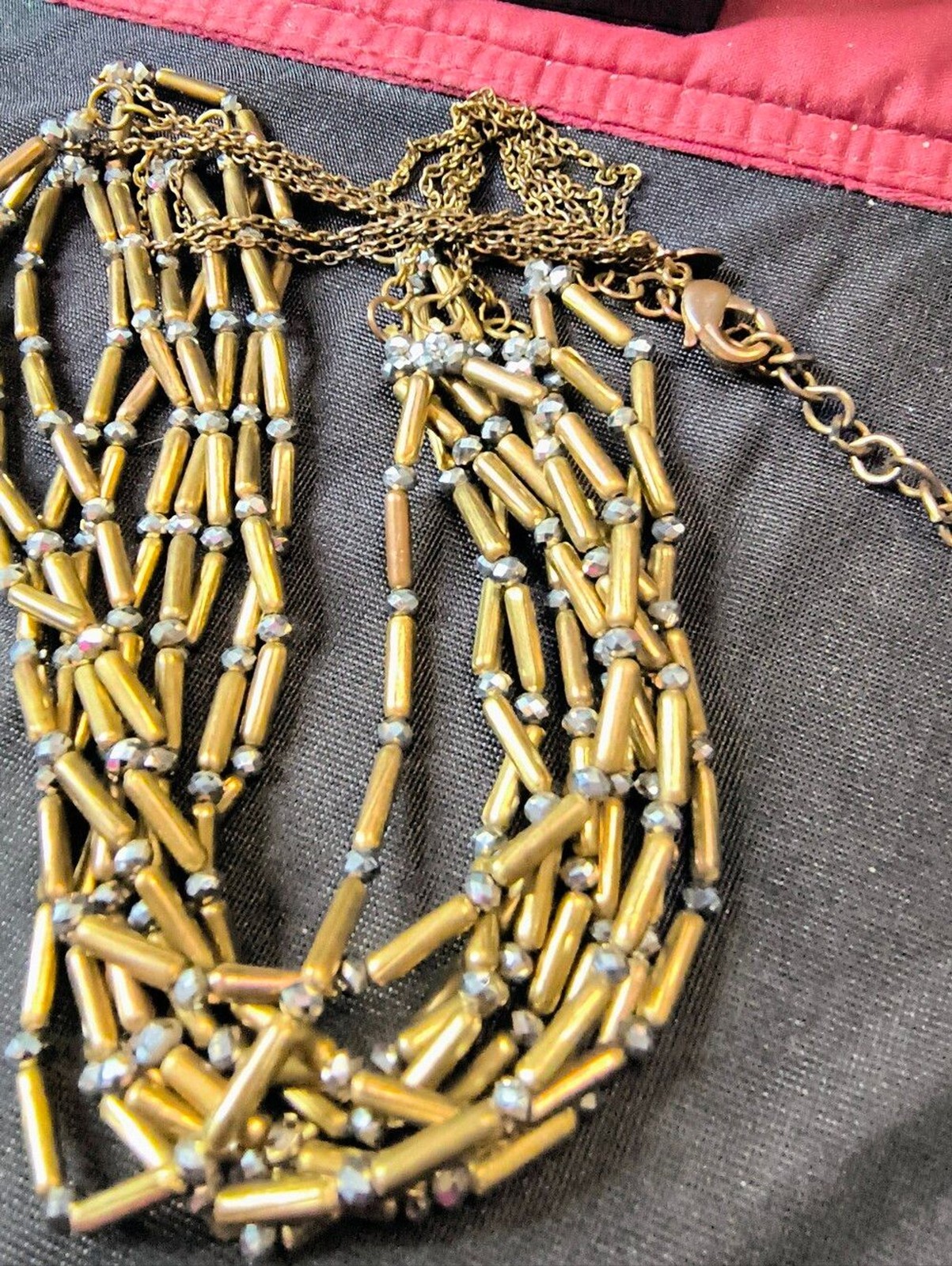 Chicos 10 Strand Statement Necklace Bronze Hematite Multi Layered Industrial