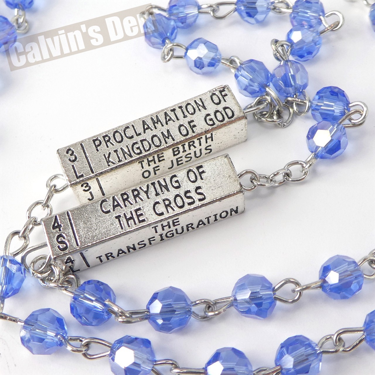 Mysteries of the Rosary Devotional Metal Bead Blue Crystal Necklace Crucifix