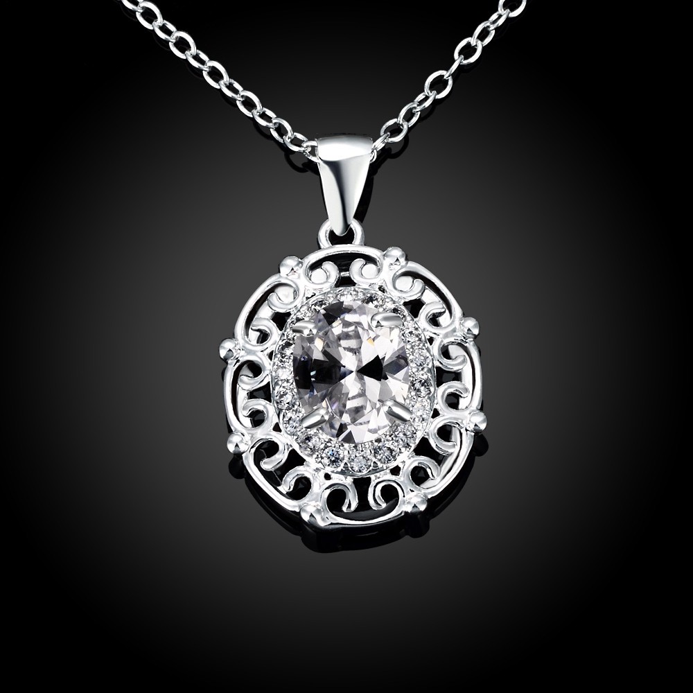 Antique 925 Sterling Silver Filled SF Oval CZ Pendant Necklace N-A655 Gift