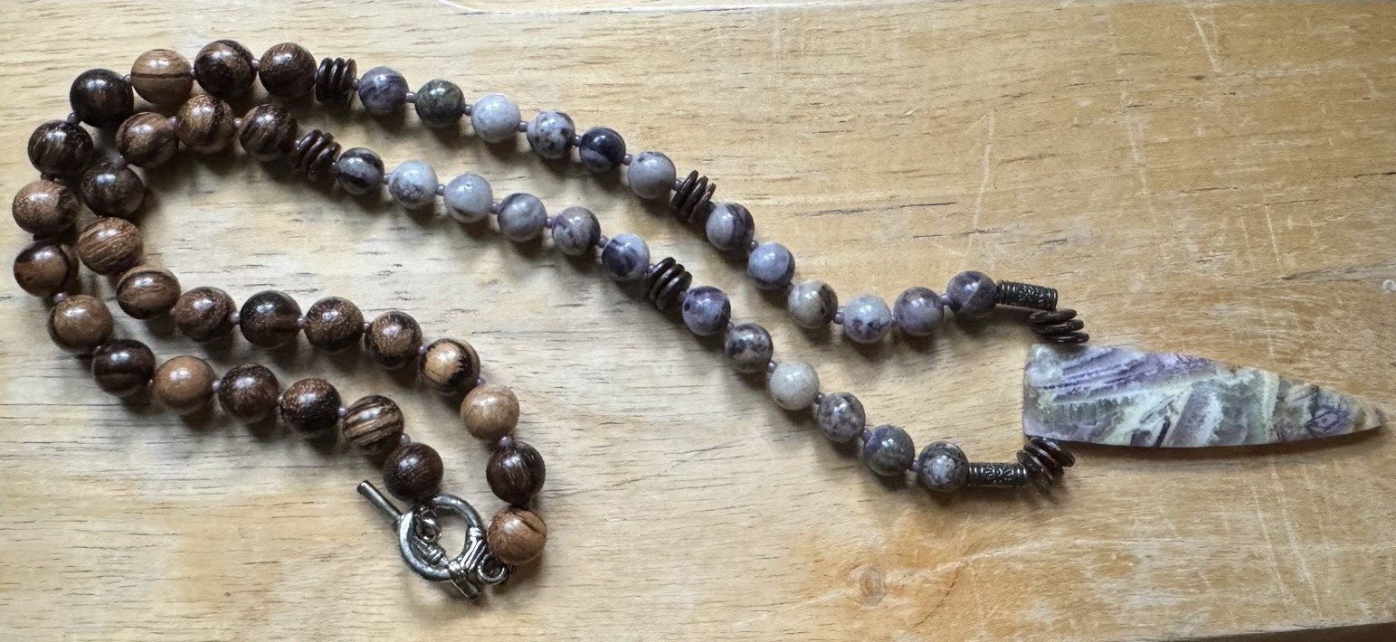 Beaded Necklace Stone & Wood Beads Purple/White Tusk Charm Pendant, Toggle