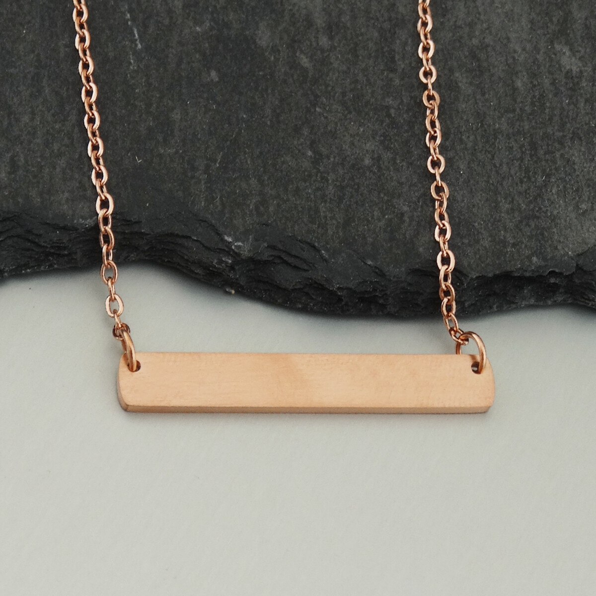 Rose Gold Stainless Steel Blank Bar Necklace – 18″ Chain Stamping Engraving