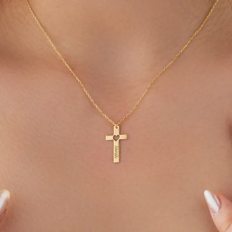 Custom Engraved Cross Necklace with Heart Personalized Faith Necklace for women