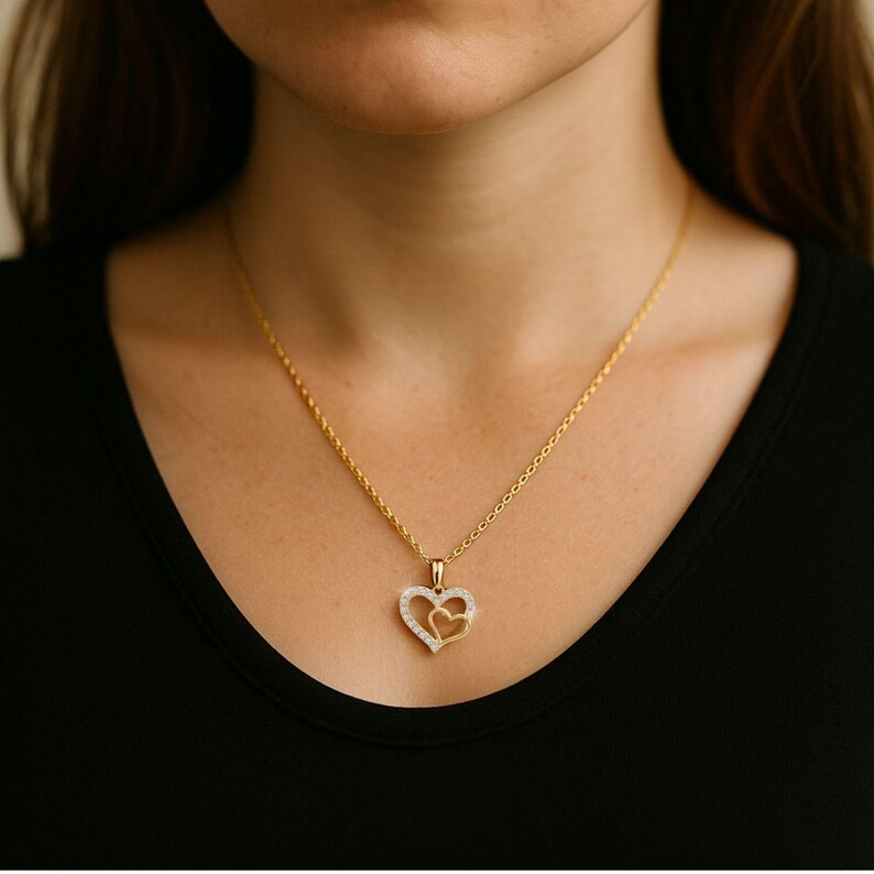 14K Yellow Gold Plated Women Unique 2-Heart Pendant 2Ct Round Simulated Diamond