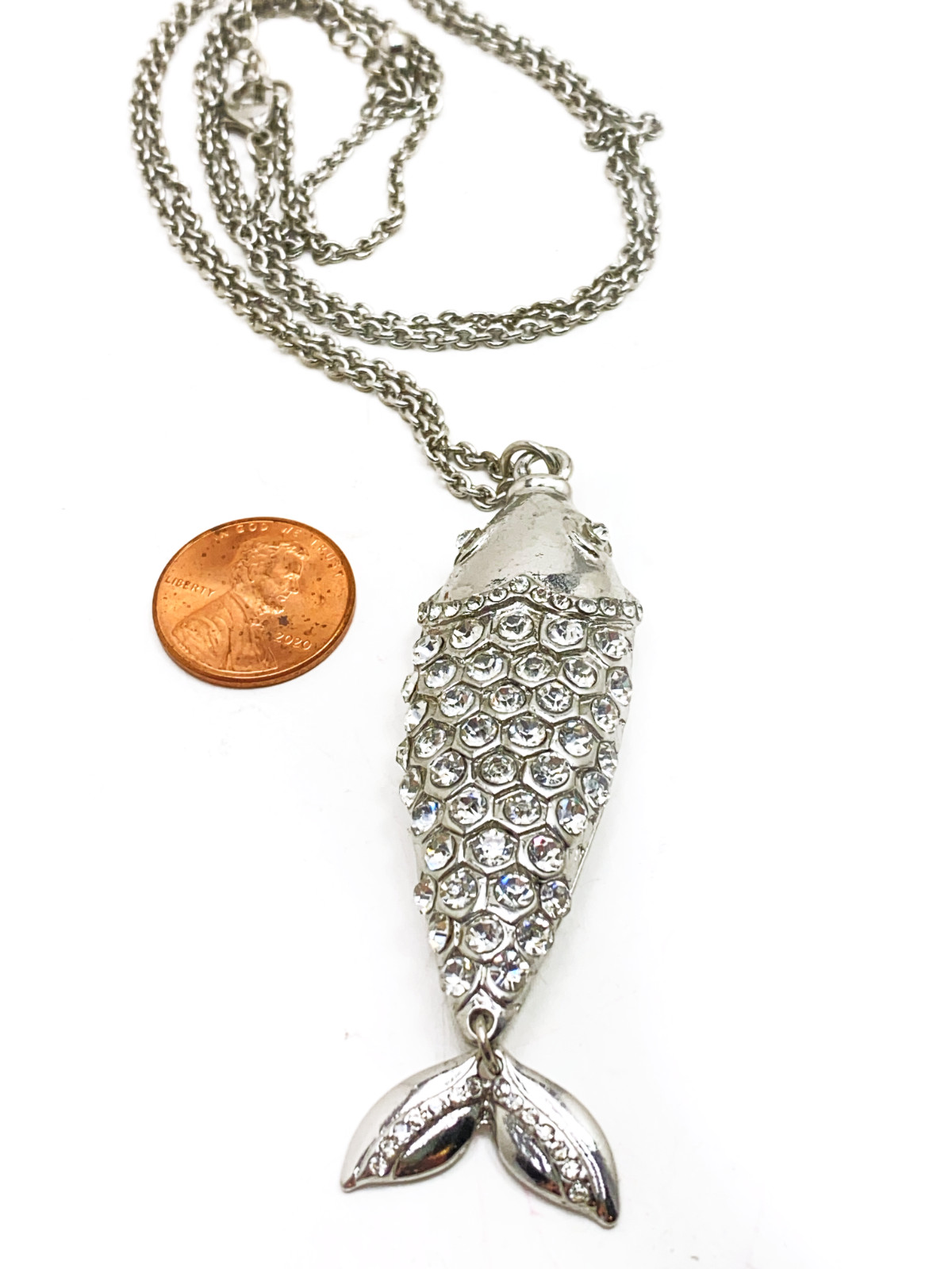 Fish Pendant Sparkly Pave Rhinestone 32 in Long Silver Tone Chain