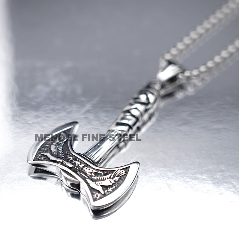 MENDEL Mens Gold Plated Nordic Viking Raven Axe Pendant Necklace Stainless Steel