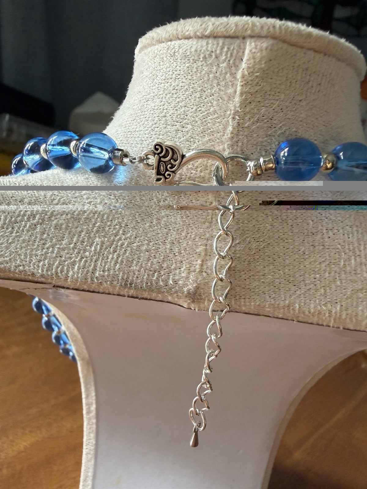 Blue Round Glass Beaded Necklace Adjustable Silver Tone Lobster Cable Chain