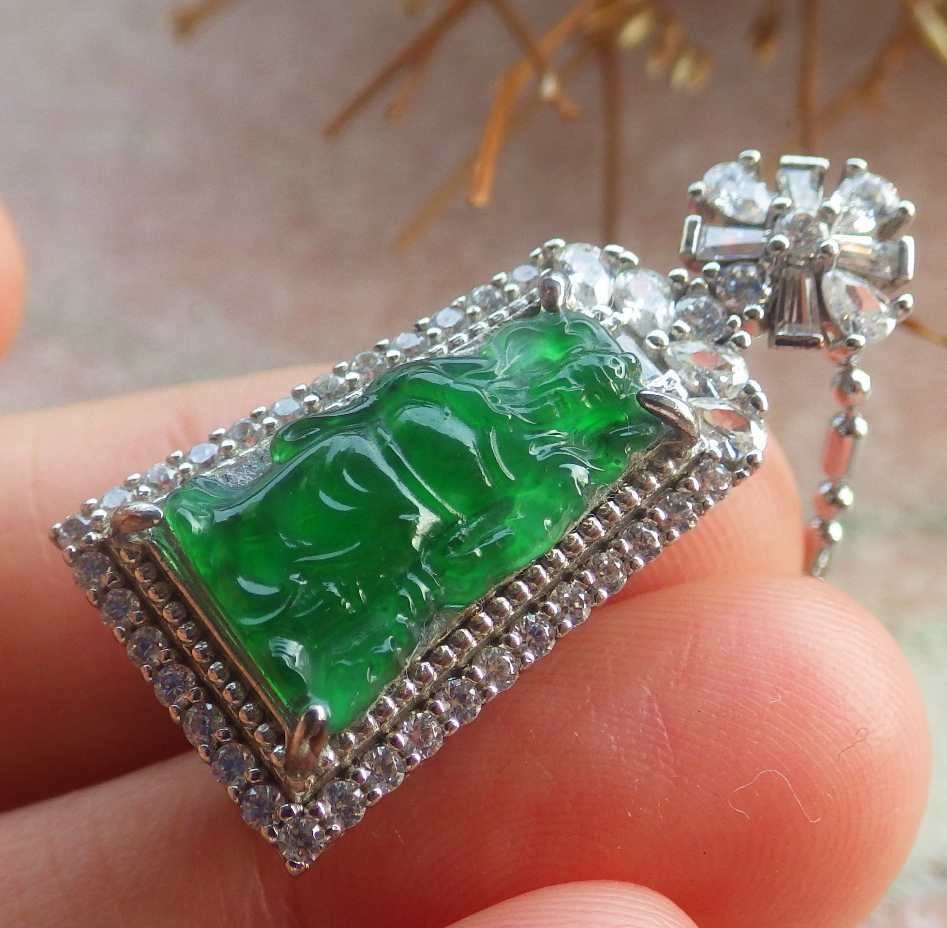 Video Certified Silver 925 Green A Jade jadeite Pendant Guan Gong God 124818 TS