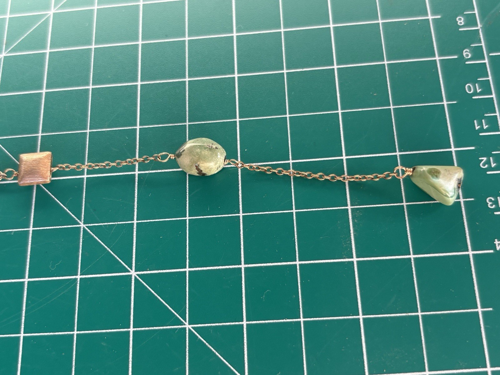 Gold Tone Station Chain Necklace, Oval Green Stone Beads, Cable, Lobster Clasp