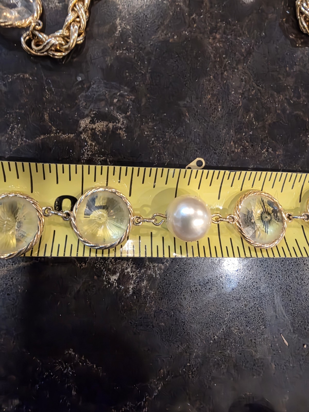 French Fancy Bezel Set Double Point Crystal & Glass Pearl Rope Necklace 32″ L