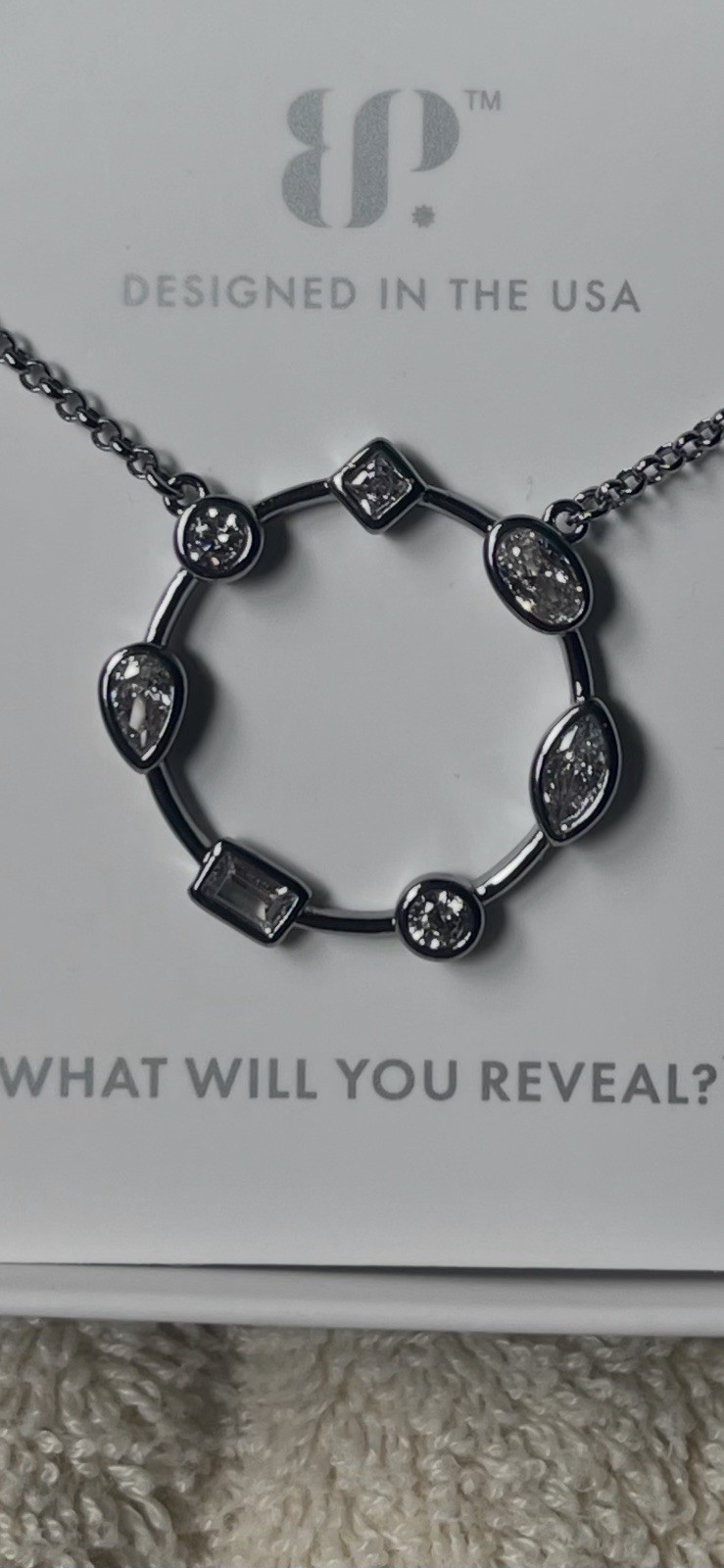 Diamond cubic zirconia necklace, hematite plating, 18” and 2.5” extender.