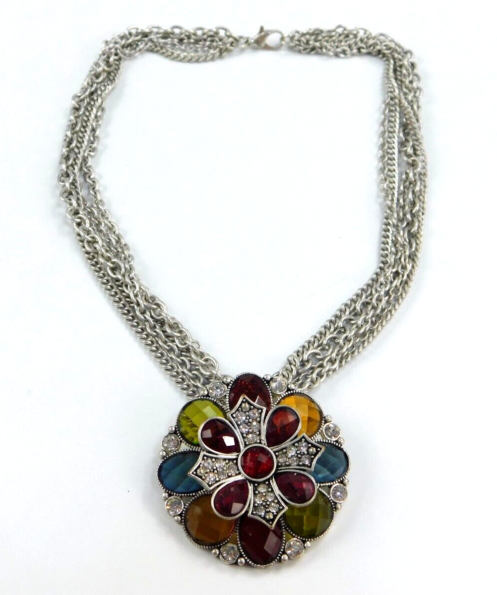 Multi Chain Faceted Acrylic Rhinestone Flower Pendant Necklace 17″