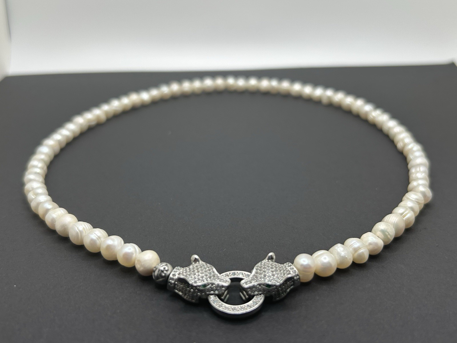 Nialaya White Pearl Necklace 20 inches w/ Silver Panther Clasp