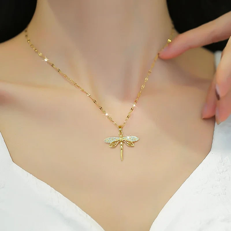 14k yellow gold plated dragon fly necklace pendant simulated diamonds 18” chain