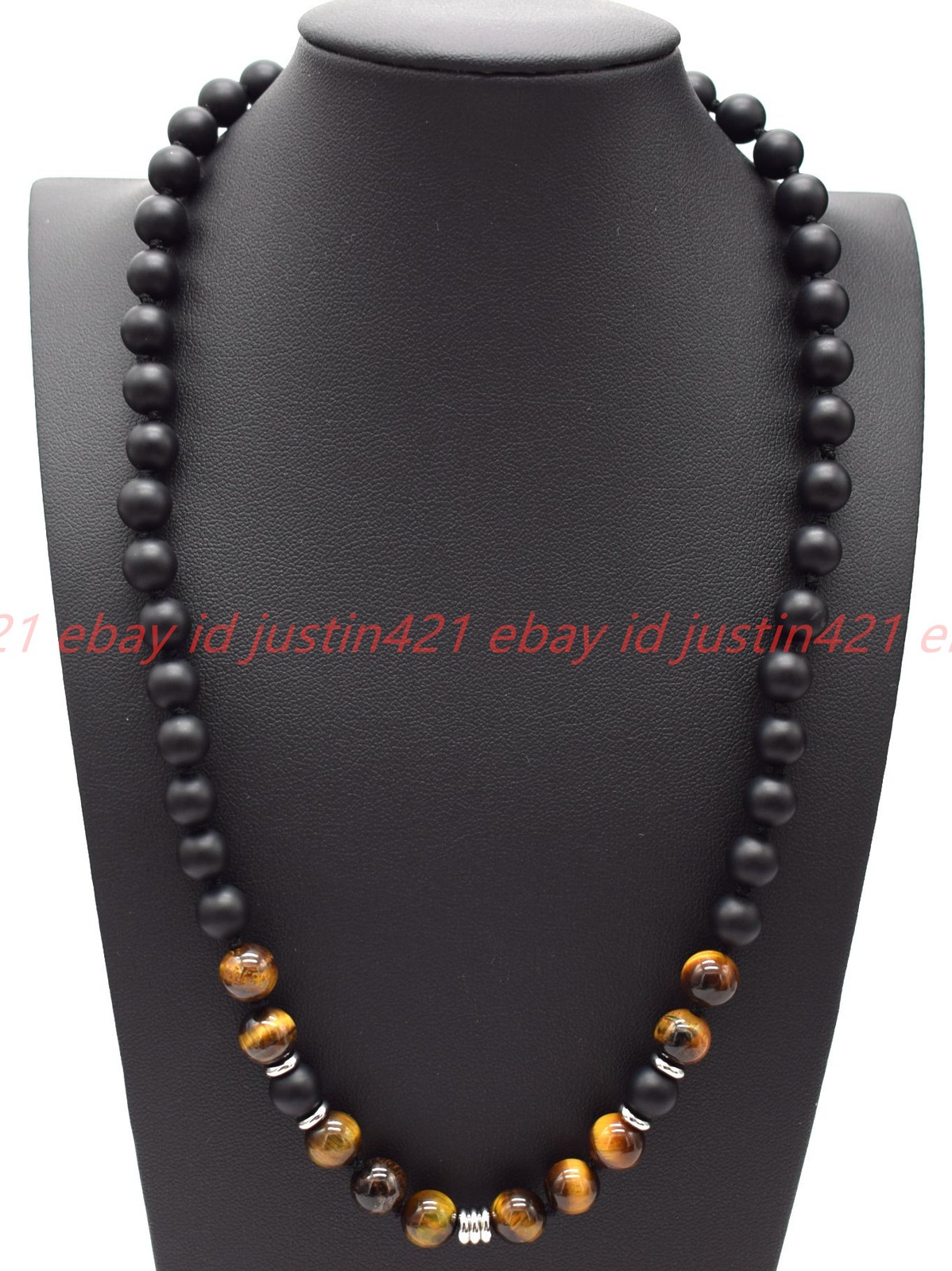 New Natural 8mm Matte Black Agate Yellow Tiger’s Eye Gemstone Necklace 16-24in