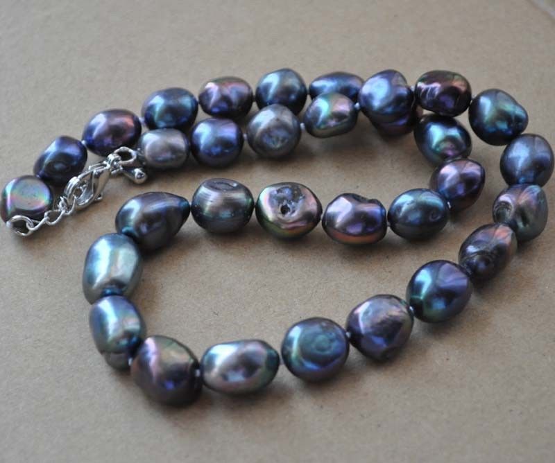 Natural 8-9mm Peacock Black Freshwater Cultured Baroque Pearl Necklace 18”
