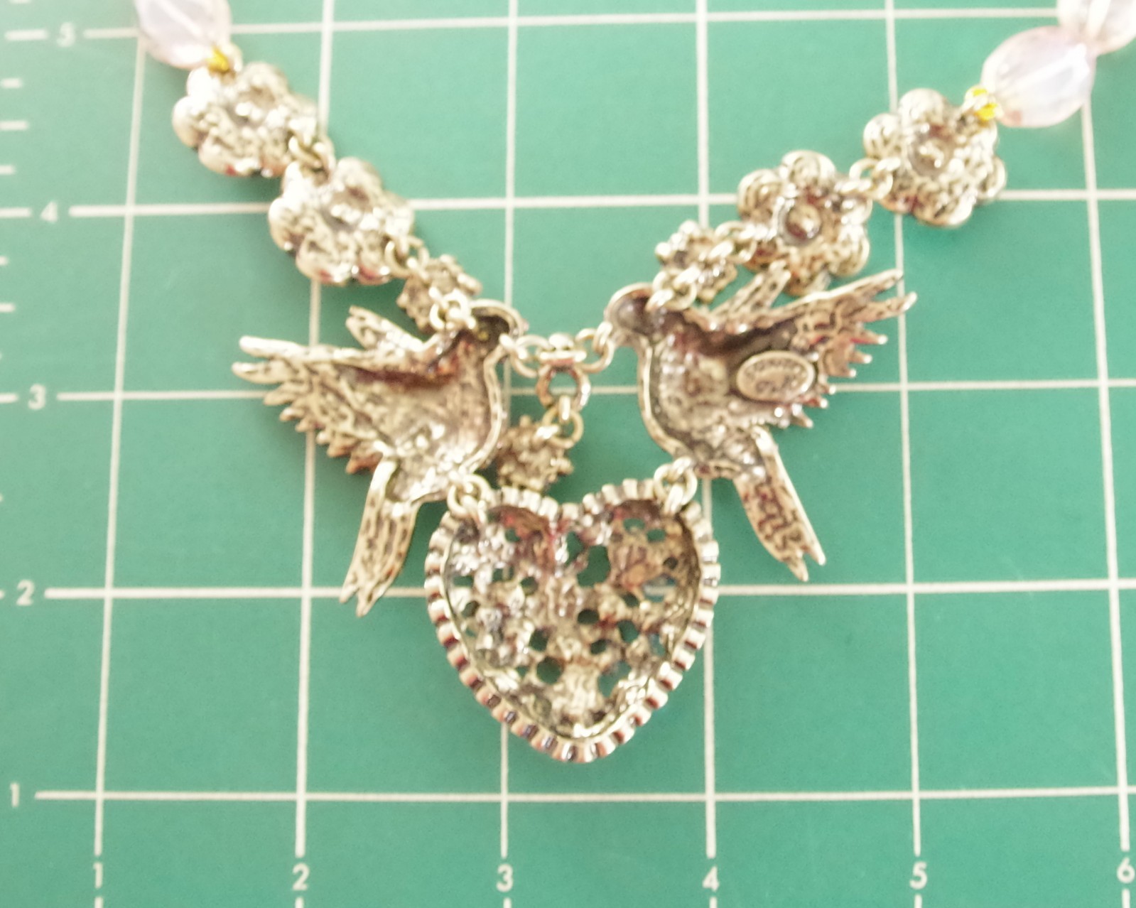 DESIGNER STYLE PINK AB CRYSTAL RHINESTONE LOVE BIRDS VALENTINE HEART NECKLACE