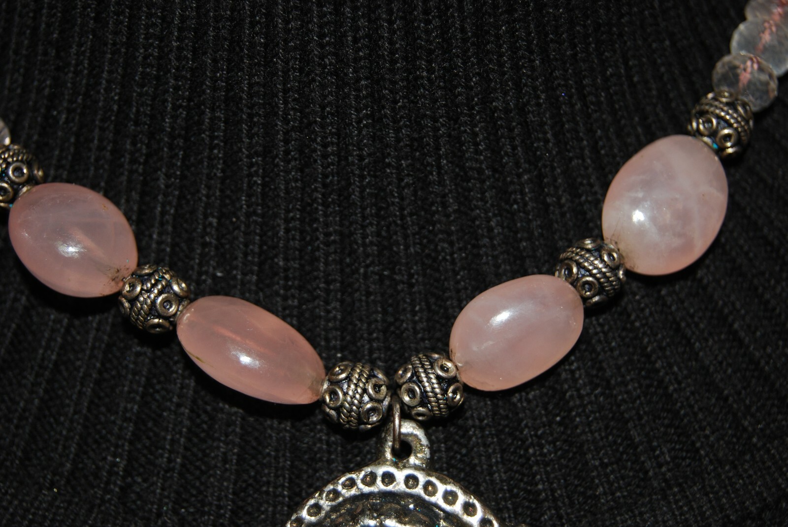 ELEPHANT SILVER TONED PENDANT WITH PINK NATURAL & GLASS BEADS STRAND NECKLACE