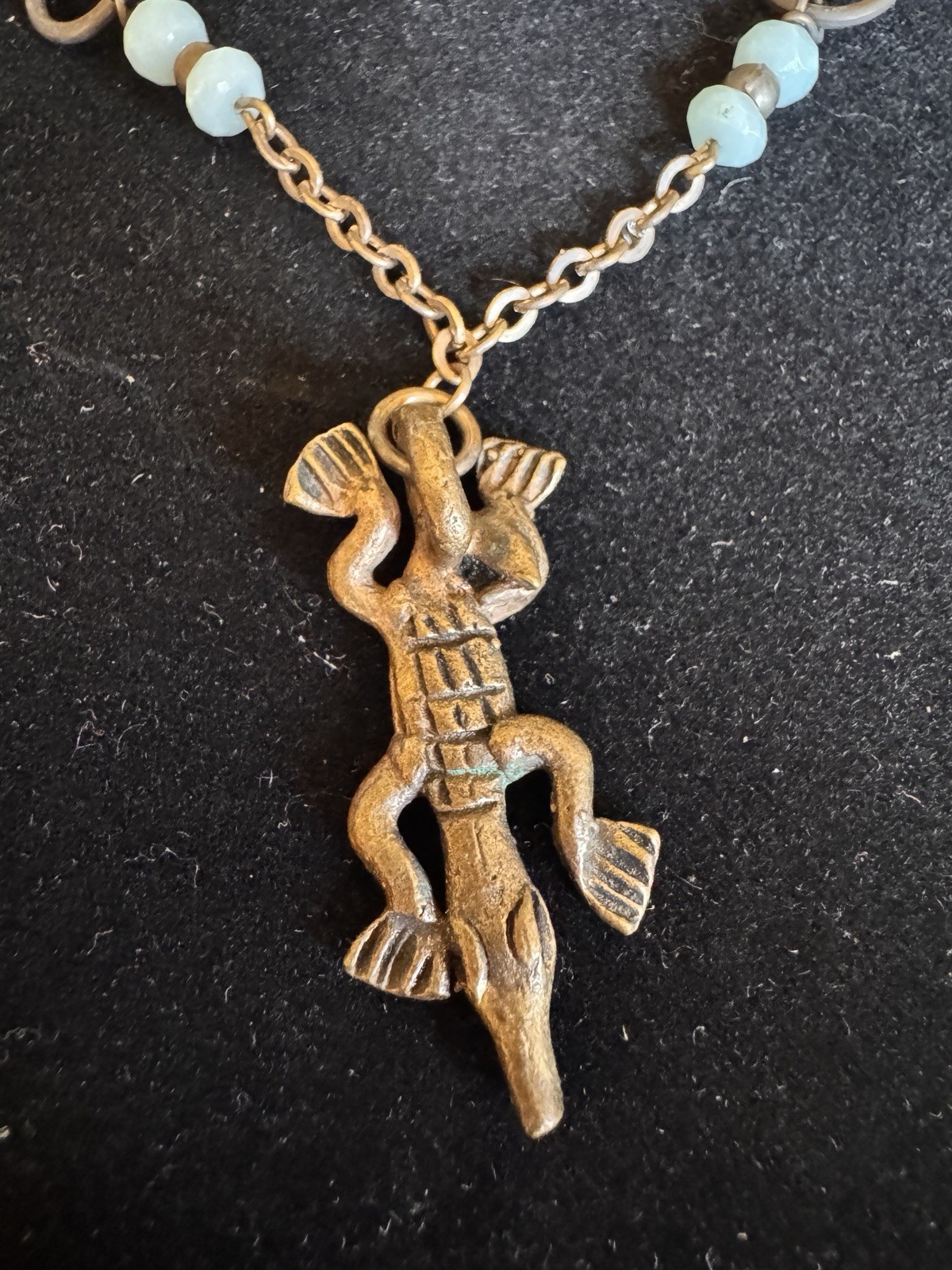 Vintage African Dark Bronze Crocodile Pendant brass Necklace with blue stone
