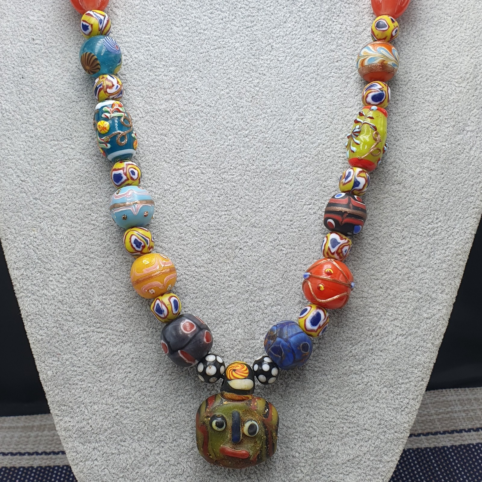 Vintage Venetian Style Mix Glass With Old Face Glass Pendant Necklace