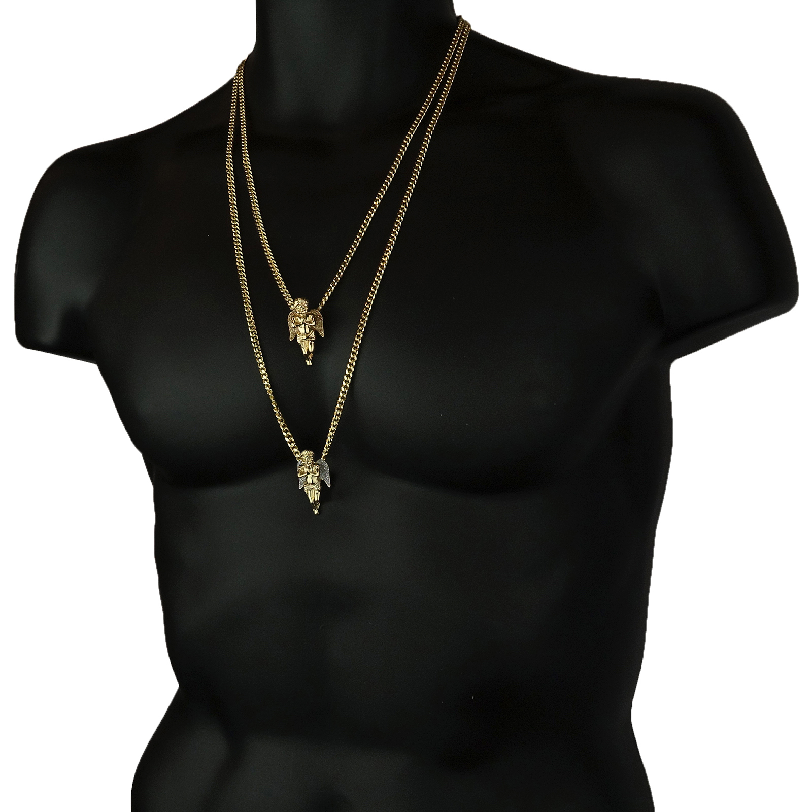 Men’s 14k Gold Plated High Fashion 2 pcs Angels 3mm 30″ & 24″ Cuban Necklace